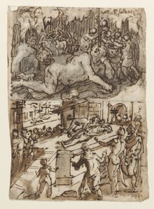 Title-Page of a Sketchbook Showing Two Scenes, One Including the Blinding of Cyclops (Recto) by Jan van der Straet